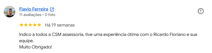 Avaliação 5 estrelas de Flávio no Google sobre a CSM