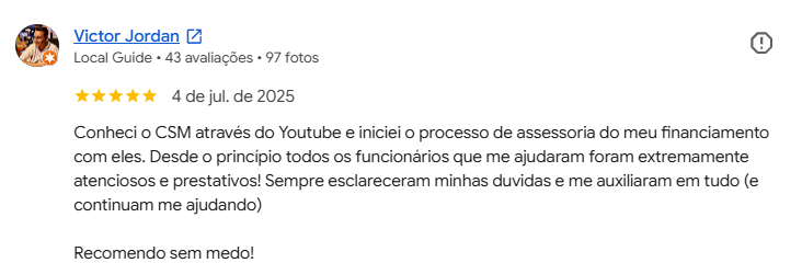 Avaliação 5 estrelas de Victor no Google sobre a CSM